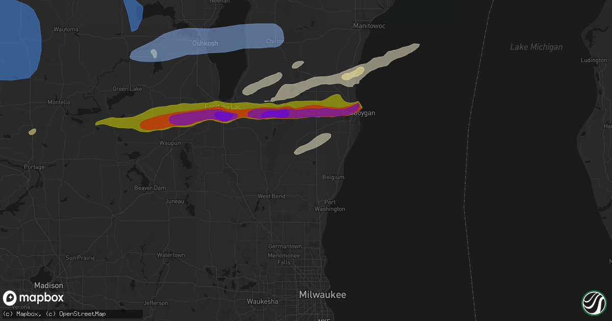 Hail map in Random Lake, WI on July 1, 2026