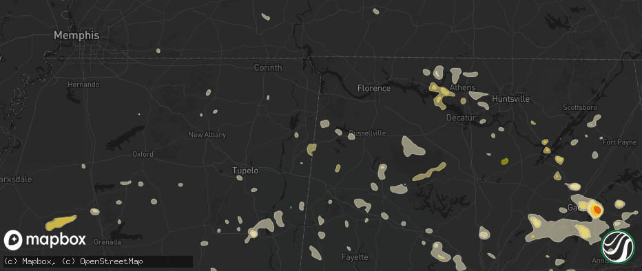Hail map in Red Bay, AL on July 1, 2026