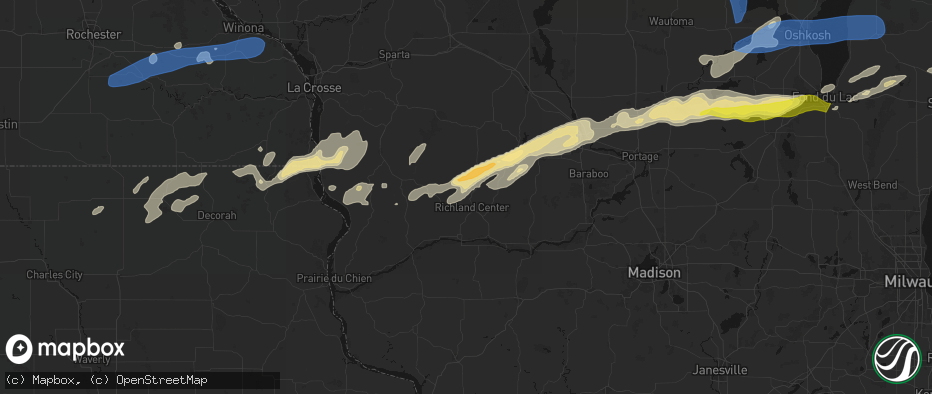 Hail map in Richland Center, WI on July 1, 2026