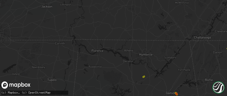 Hail map in Rogersville, AL on July 1, 2026