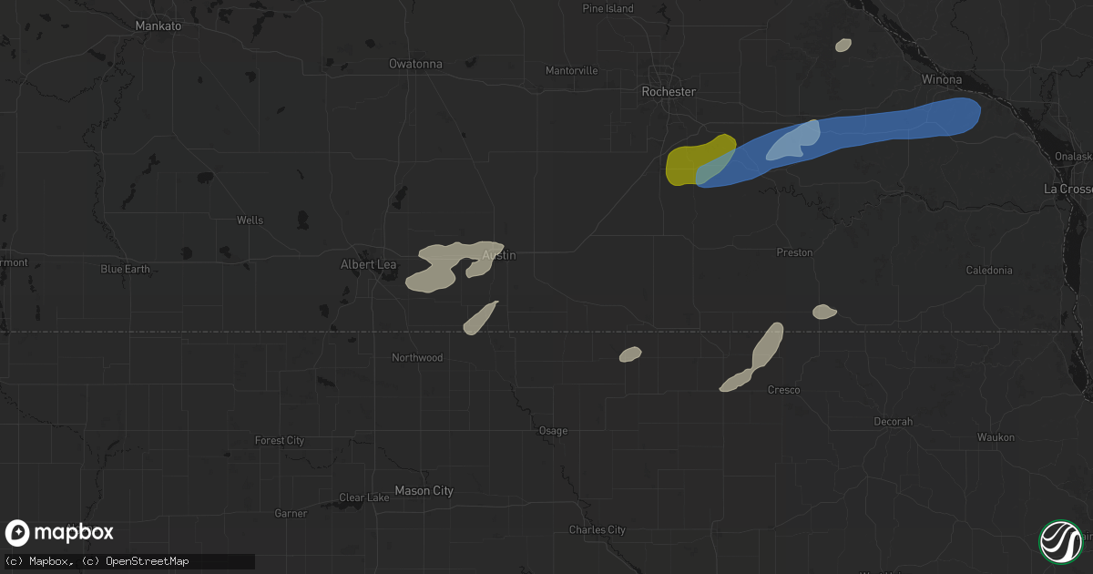 Hail map in Rose Creek, MN on July 1, 2026