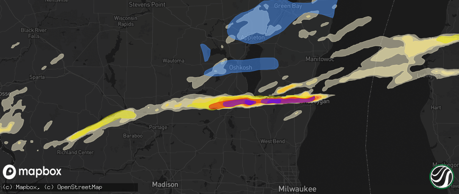 Hail map in Rosendale, WI on July 1, 2026
