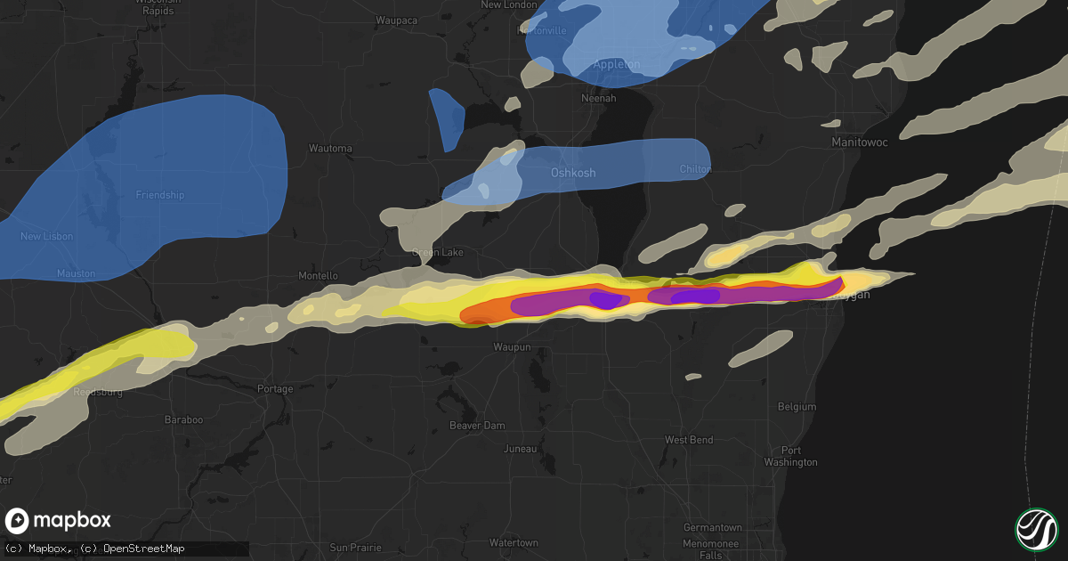 Hail map in Rosendale, WI on July 1, 2026