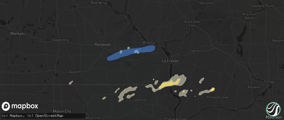 Hail map in Rushford, MN on July 1, 2026