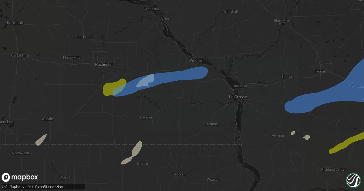 Hail map in Rushford, MN on July 1, 2026