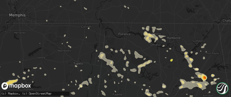 Hail map in Russellville, AL on July 1, 2026