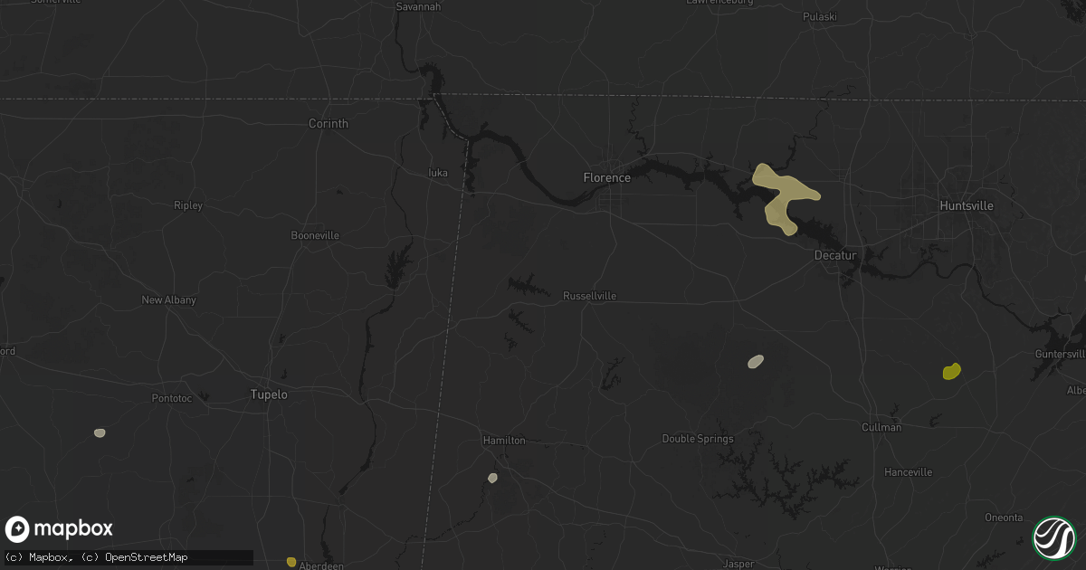 Hail map in Russellville, AL on July 1, 2026