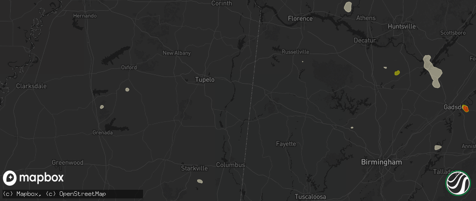 Hail map in Smithville, MS on July 1, 2026