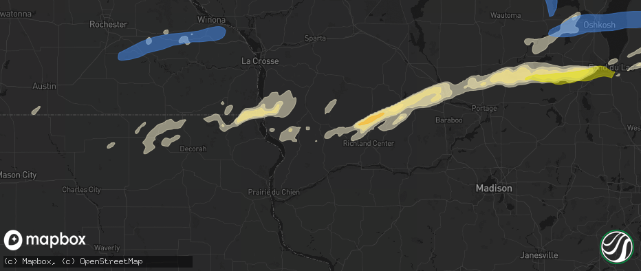 Hail map in Soldiers Grove, WI on July 1, 2026
