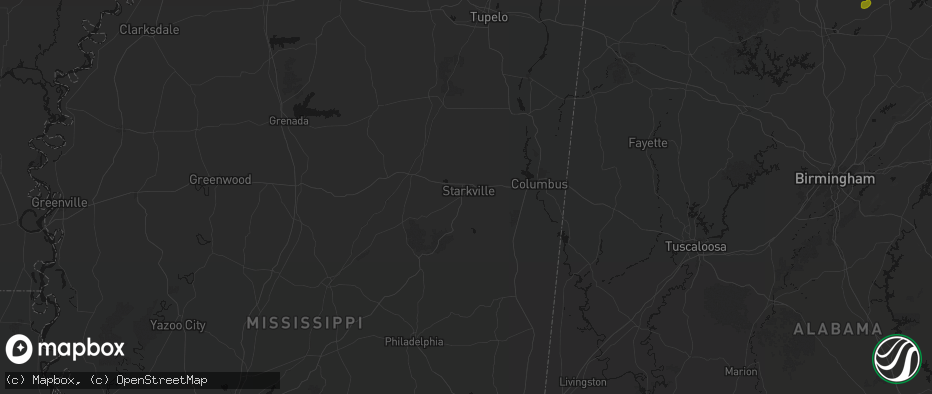 Hail map in Starkville, MS on July 1, 2026