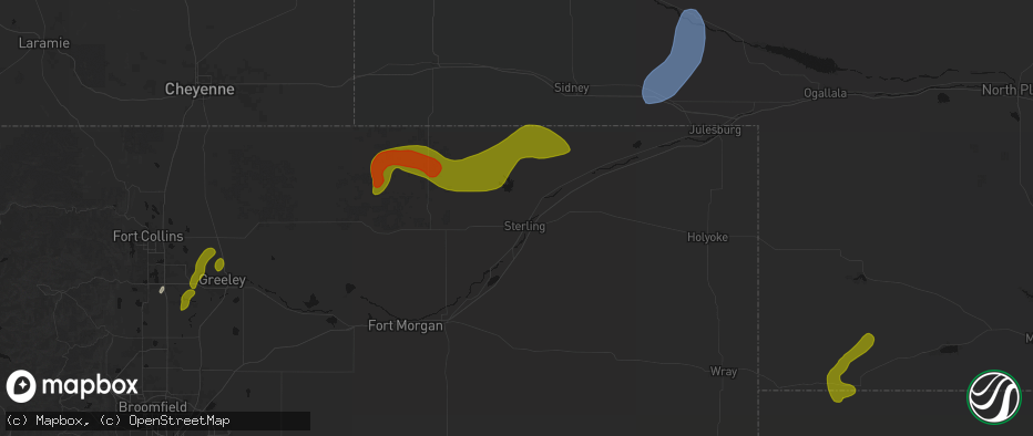 Hail map in Sterling, CO on July 1, 2026