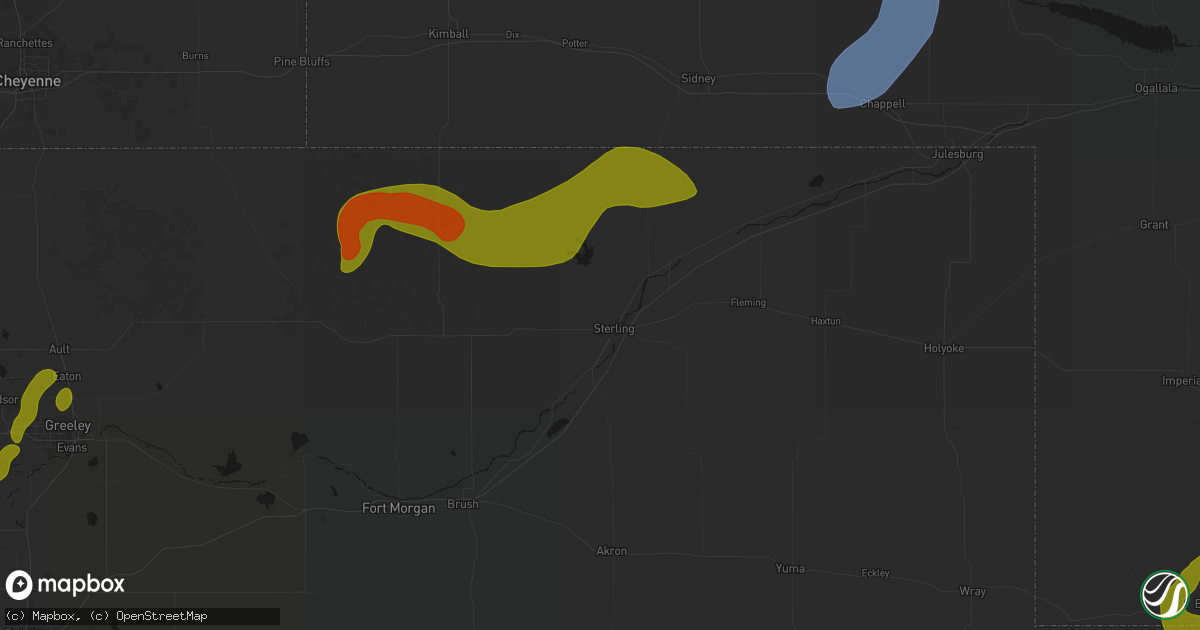 Hail map in Sterling, CO on July 1, 2026
