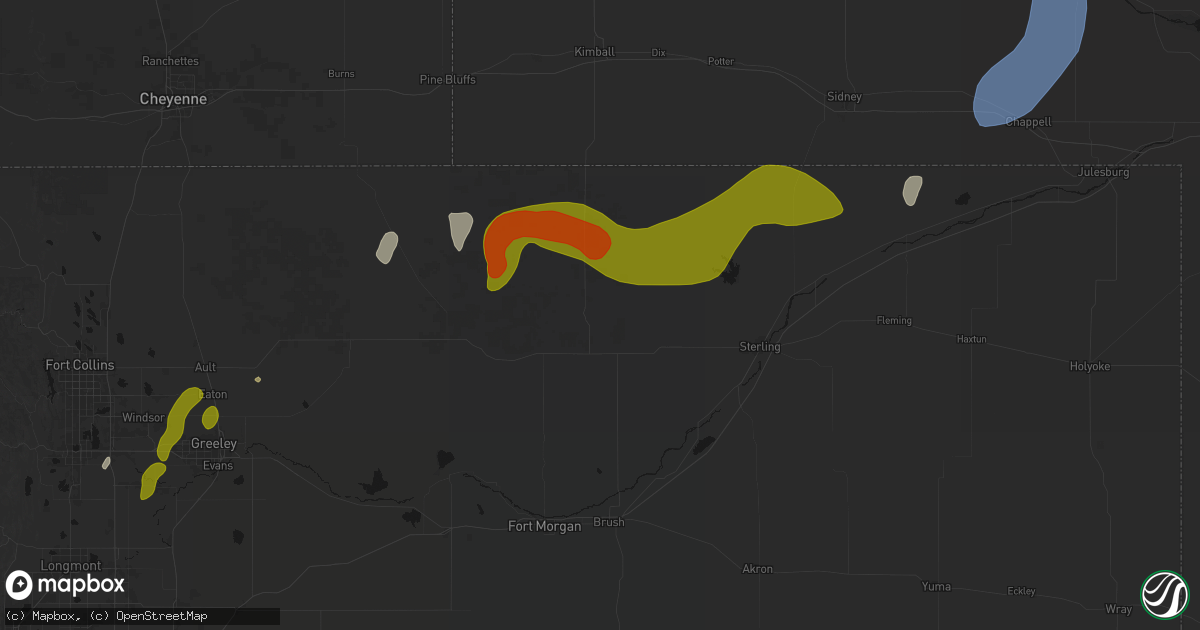 Hail map in Stoneham, CO on July 1, 2026