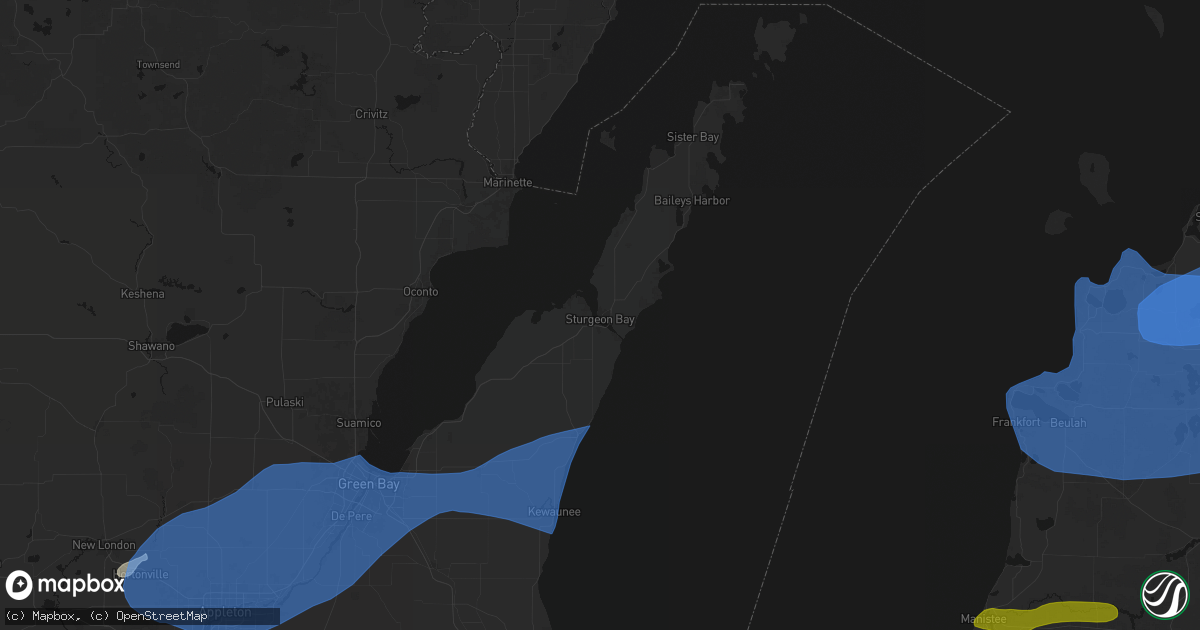 Hail map in Sturgeon Bay, WI on July 1, 2026