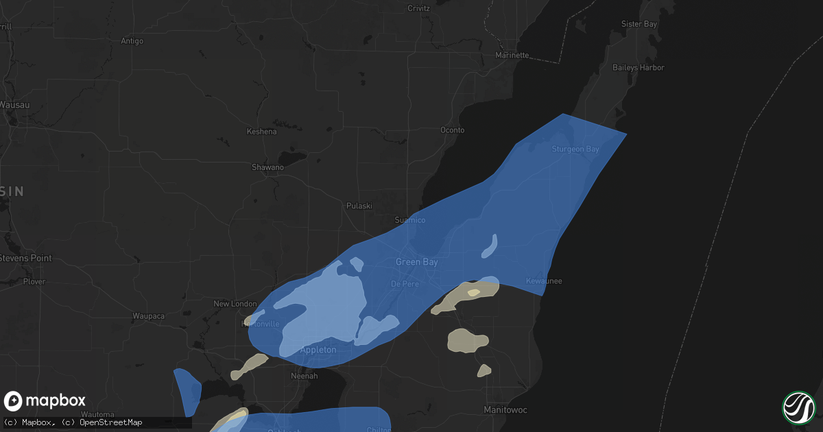 Hail map in Suamico, WI on July 1, 2026