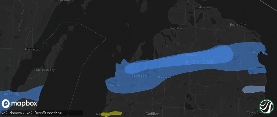 Hail map in Suttons Bay, MI on July 1, 2026