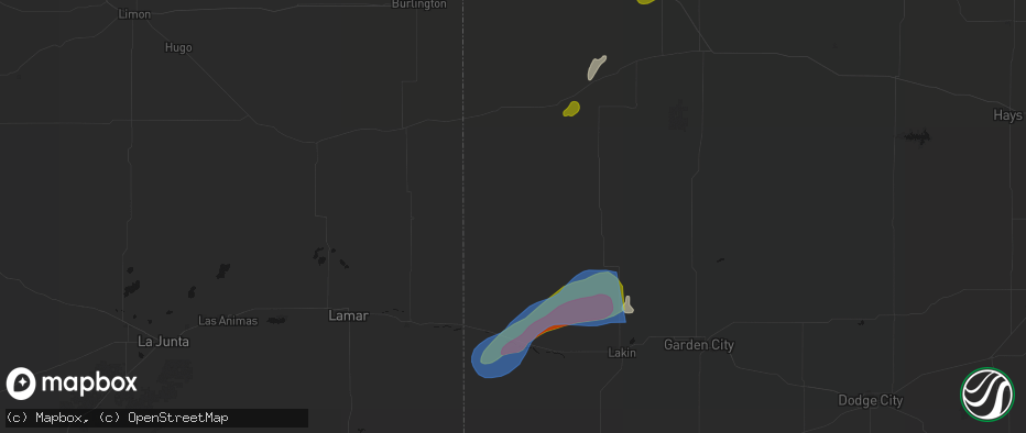 Hail map in Tribune, KS on July 1, 2026