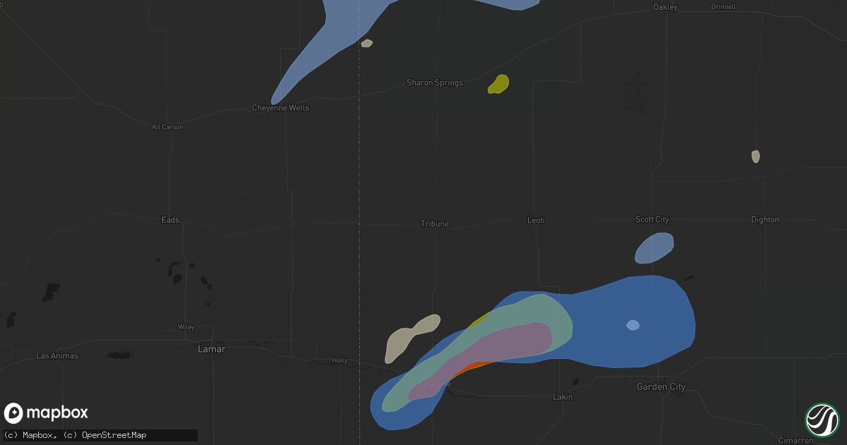 Hail map in Tribune, KS on July 1, 2026