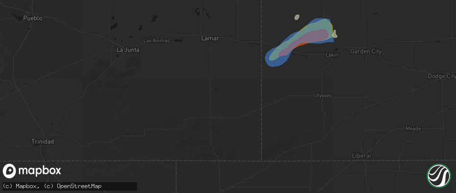 Hail map in Two Buttes, CO on July 1, 2026