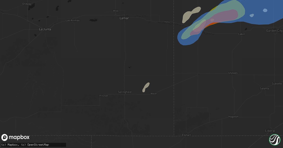 Hail map in Two Buttes, CO on July 1, 2026