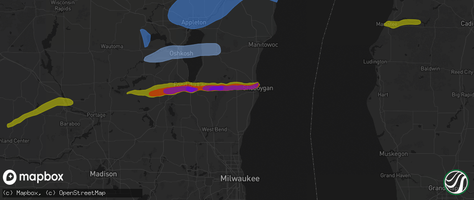 Hail map in Waldo, WI on July 1, 2026