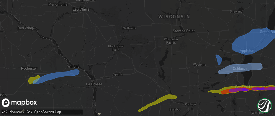 Hail map in Warrens, WI on July 1, 2026