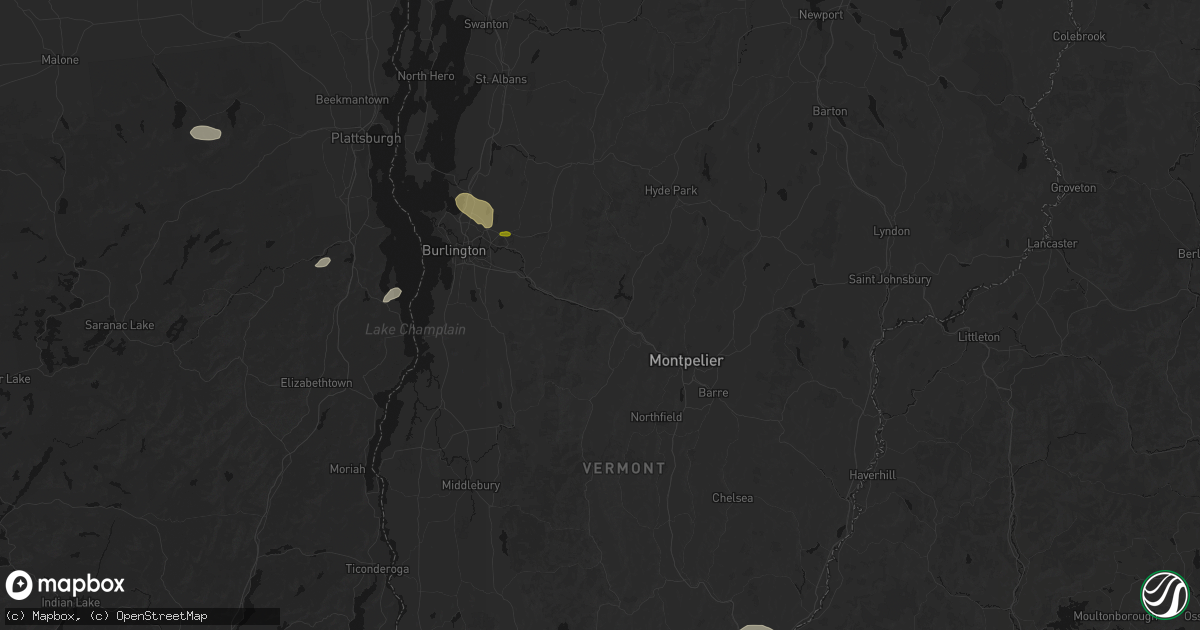 Hail map in Waterbury, VT on July 1, 2026