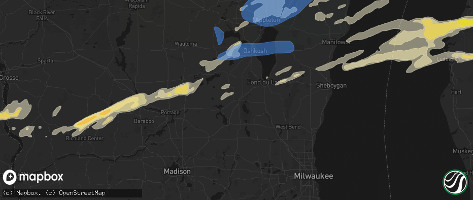 Hail map in Waupun, WI on July 1, 2026