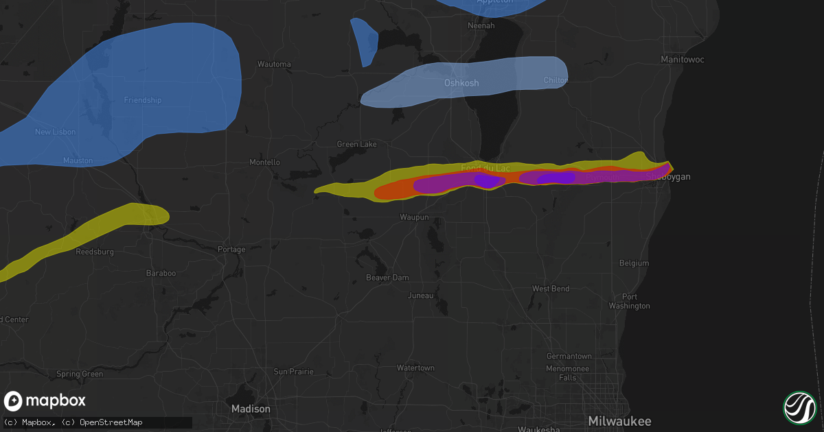 Hail map in Waupun, WI on July 1, 2026