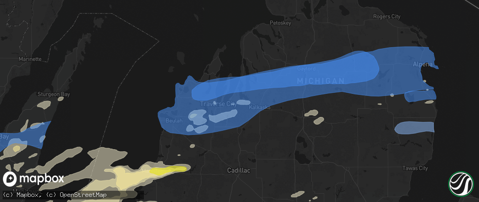 Hail map in Williamsburg, MI on July 1, 2026