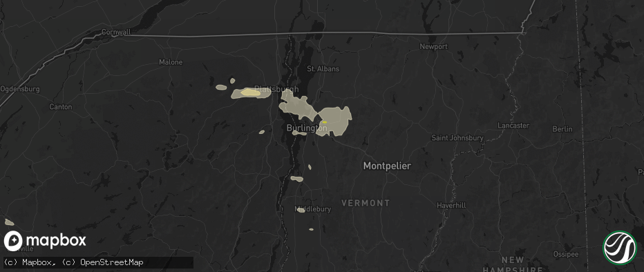 Hail map in Williston, VT on July 1, 2026