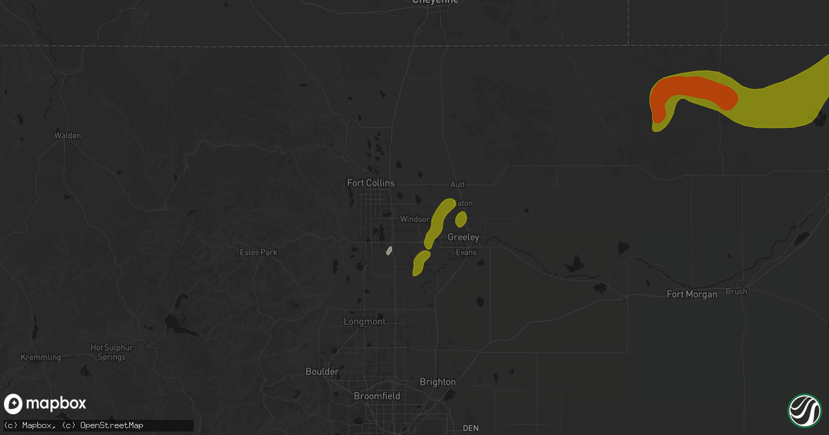 Hail map in Windsor, CO on July 1, 2026