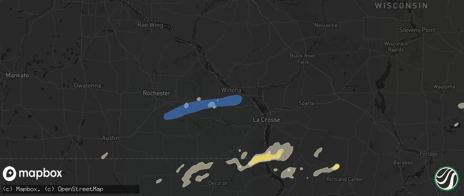 Hail map in Winona, MN on July 1, 2026