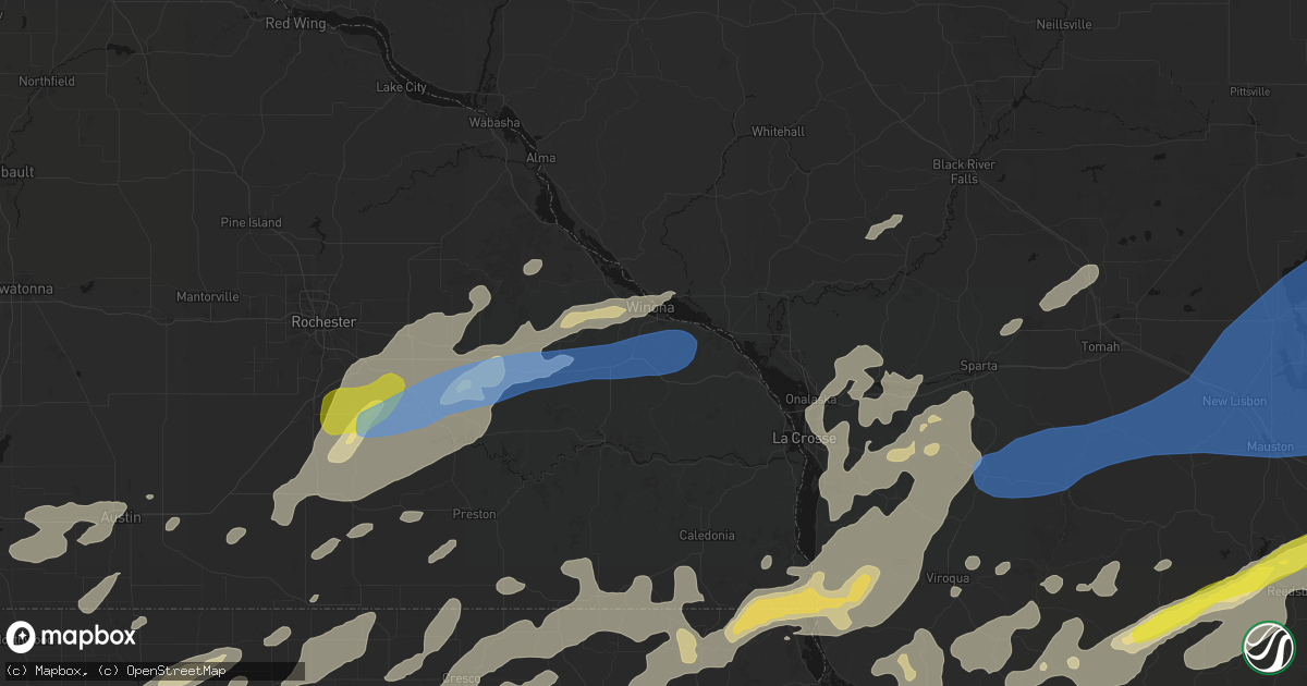 Hail map in Winona, MN on July 1, 2026