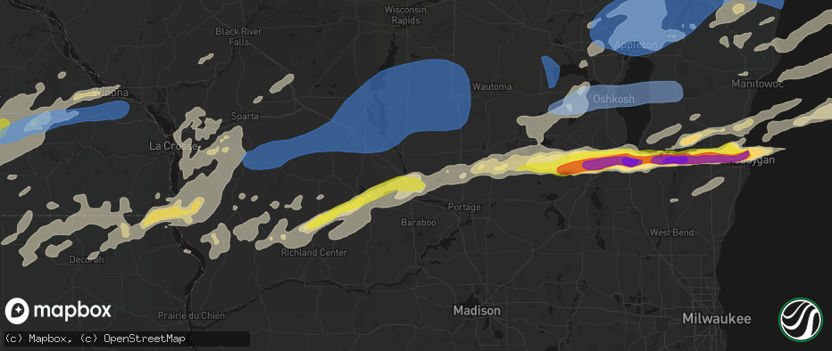 Hail map in Wisconsin Dells, WI on July 1, 2026