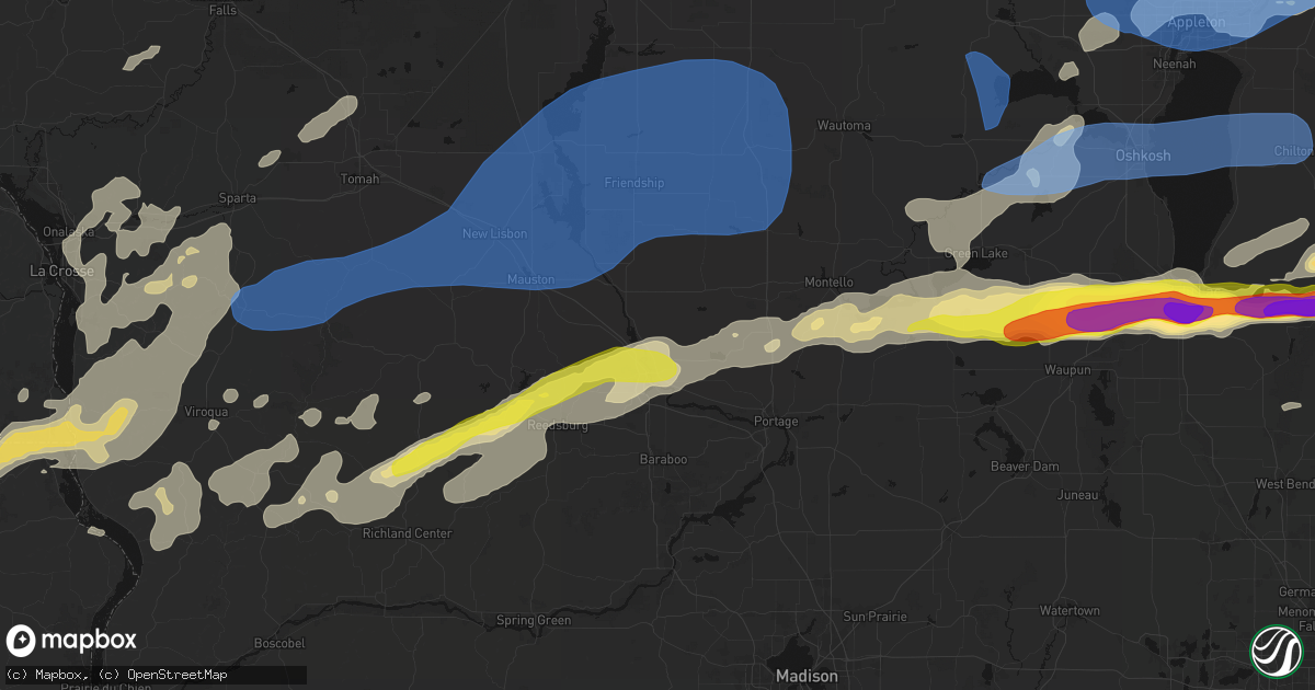 Hail map in Wisconsin Dells, WI on July 1, 2026