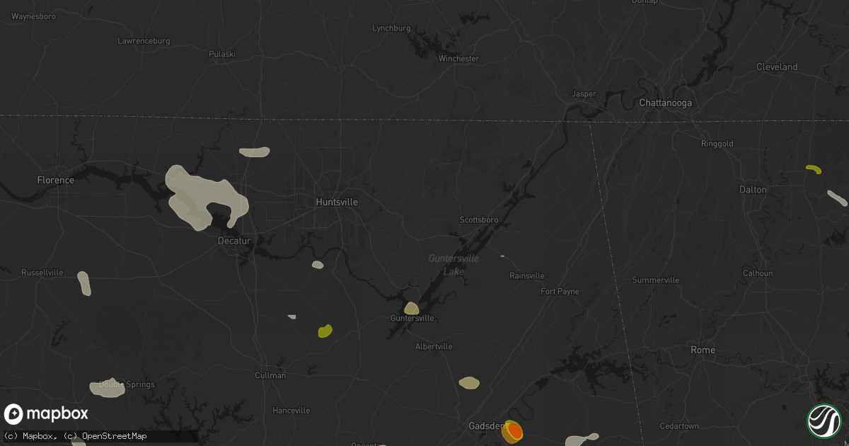 Hail map in Woodville, AL on July 1, 2026