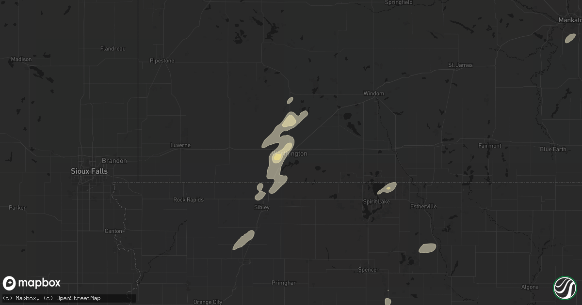 Hail map in Worthington, MN on July 1, 2026
