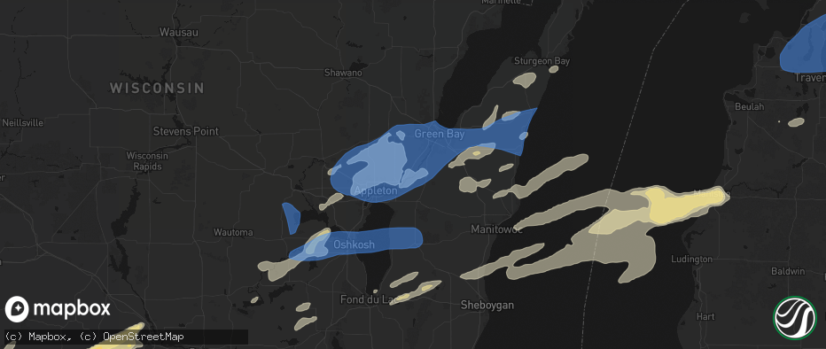 Hail map in Wrightstown, WI on July 1, 2026