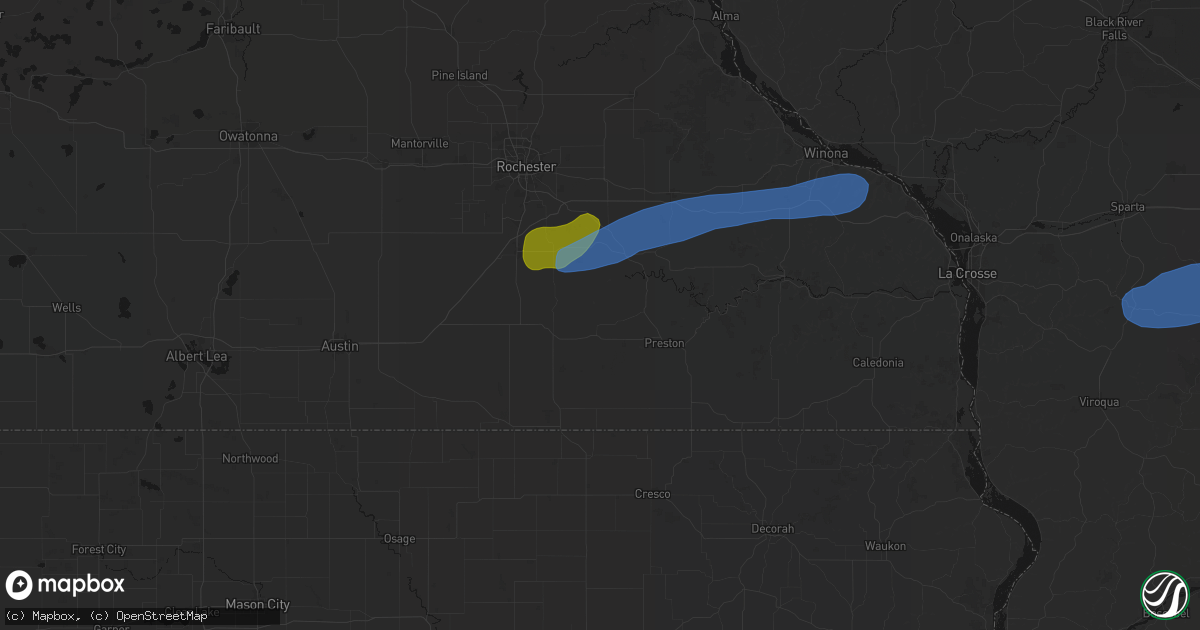 Hail map in Wykoff, MN on July 1, 2026