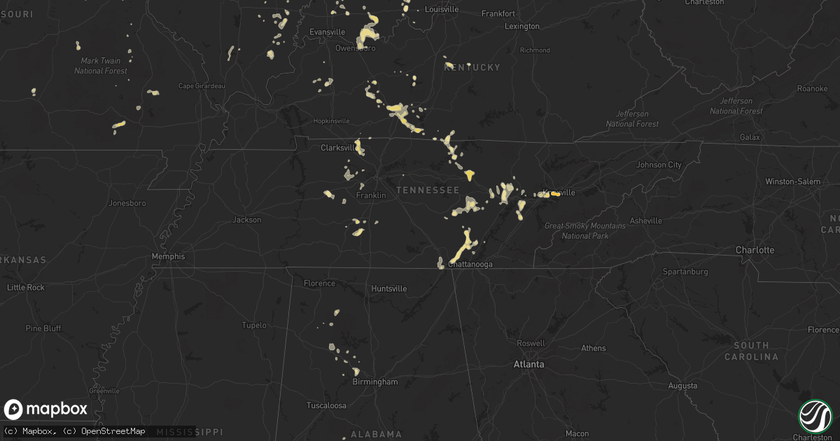 Hail map in Tennessee on July 2, 2012