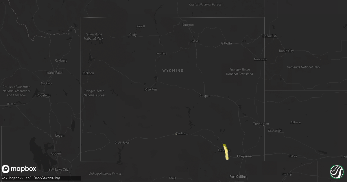 Hail map in Wyoming on July 2, 2015
