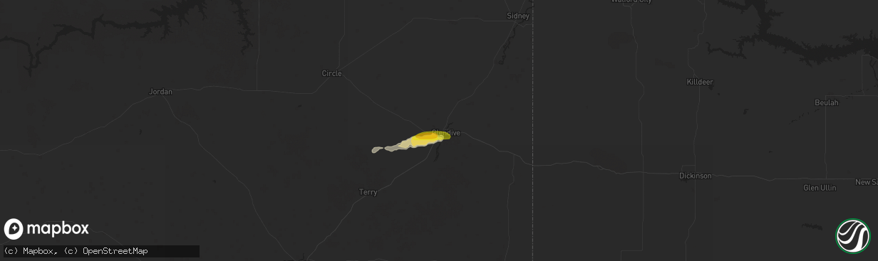 Hail map in Glendive, MT on July 2, 2016