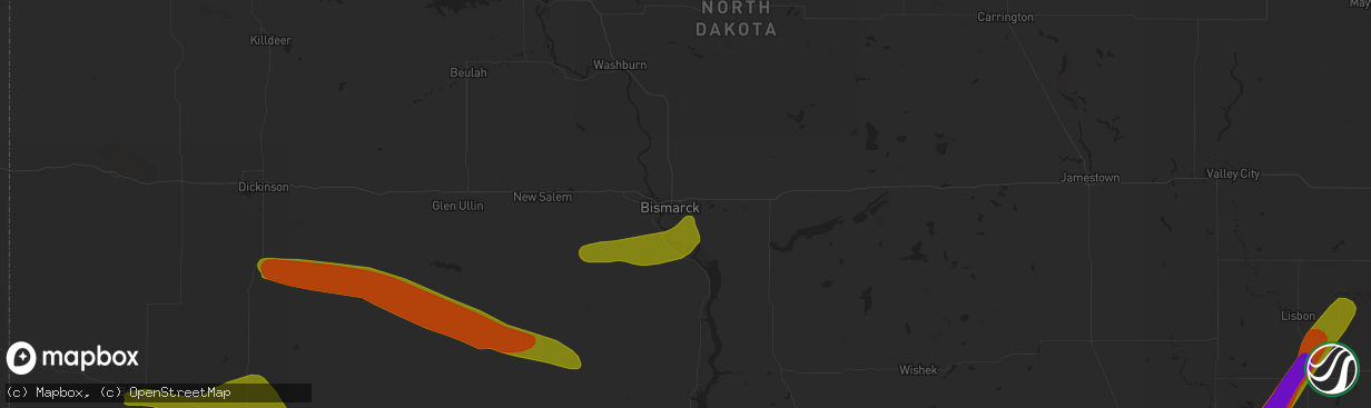 Hail map in Bismarck, ND on July 2, 2018