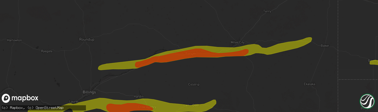 Hail map in Forsyth, MT on July 2, 2018