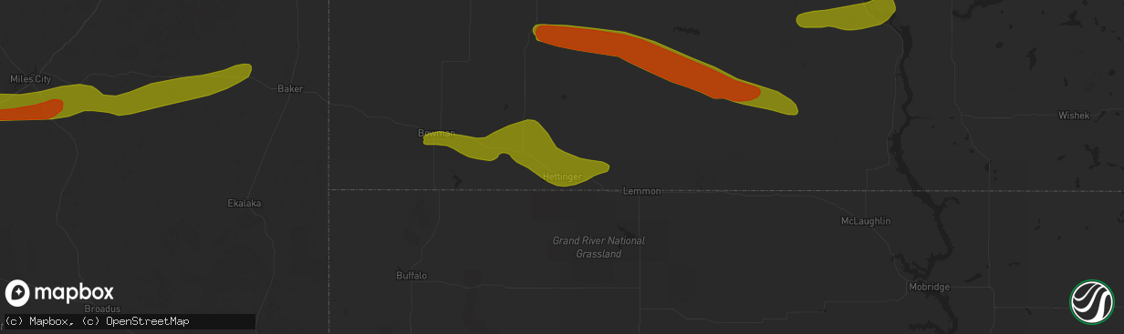 Hail map in Hettinger, ND on July 2, 2018