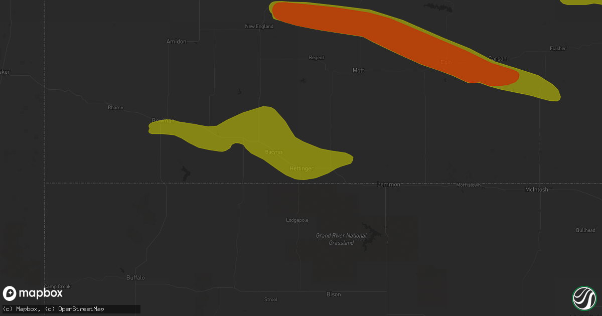Hail map in Hettinger, ND on July 2, 2018