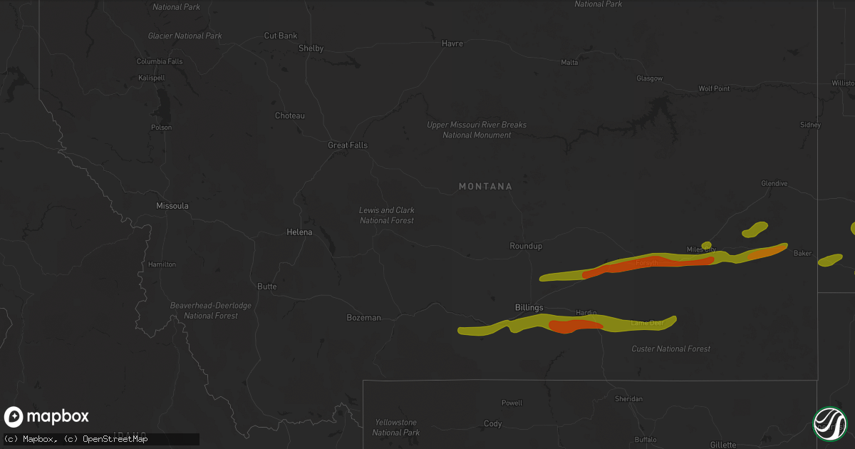 Hail map in Montana on July 2, 2018