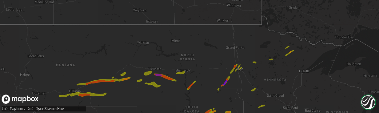 Hail map in North Dakota on July 2, 2018