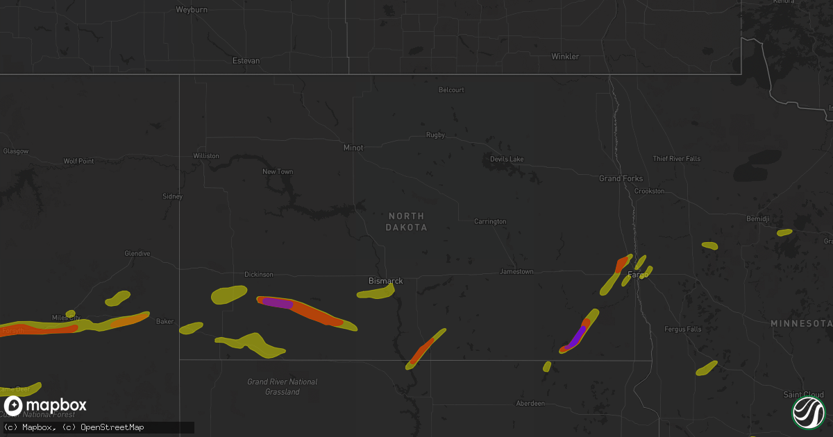 Hail map in North Dakota on July 2, 2018